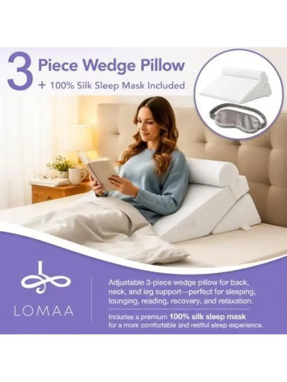 LOMAA 3-Piece Adjustable Memory Foam Bed Wedge Pillow Set with Removable Cover &